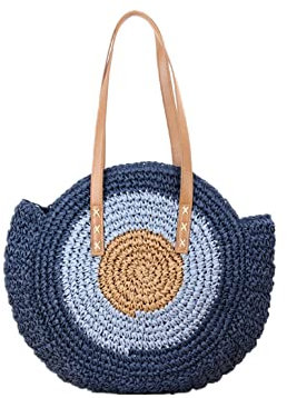 Hixingo Sac à Main en Paille pour Femmes Sac Tissé à la Main Plage d'été Mode Boho Sac Bandoulière Tissée pour Voyage Vacances Achats et Prendre des Photos (bleu,46x43cm)
