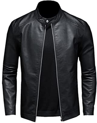 Haitpant Large Size Autumn Trend Pu Leather Jacket Coats, Men's Slim Stand-Up Collar Motorcycle Leather Jacket
