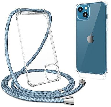 ZTOFERA Crossbody Lanyard Case for iPhone 14, Ultra Clear Hard Back with Soft Bumper Protective Phone Case with Strap Adjustable Neck Cord Necklace Shockproof Cover for iPhone 14/13, Grey Blue
