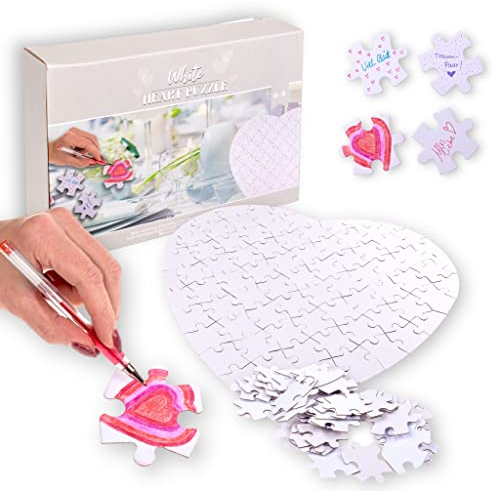 Weißes Herz-Puzzle - Personalisierbares Hochzeitsherz-Puzzle - 80 beschriftbare Teile - ca. 60 x 60 cm