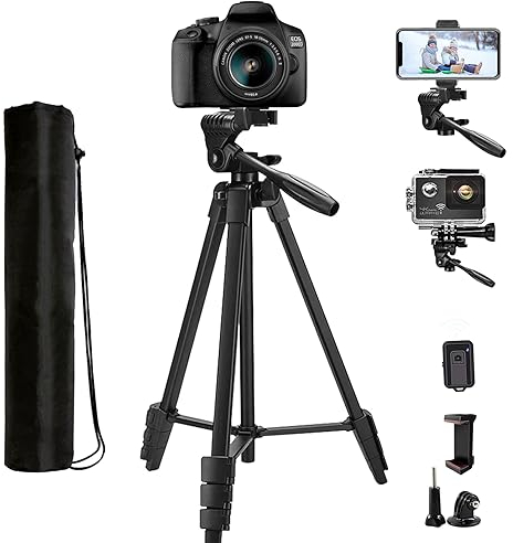 Phone Camera Tripod Stand - ZETONG 53 Inch 135cm Travel Tripod Aluminum Lightweight Camera Tripod with Gopro Mount, Phone Holder, Wierless Remote Shutter & Carry Bag (Black)