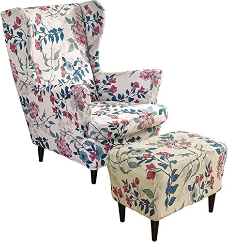 Ohrensessel überzug mit Hocker Bezug, 2 Teilig Sessel-Überwürfe+1 Teilig Ottomane Schonbezug, Beige/Grün/Rosa/Blau Ohrensessel Schonbezüge Sesselhusse Stretch Tiger Stuhlbezug mit Armlehne ( Color : #