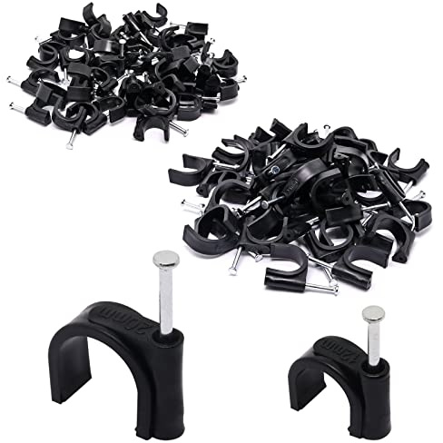 Stevenca 100 Stück schwarze halbe Klemme J-Haken mit Nagel, 16 mm und 20 mm Pex-Klemmen, Nagel-in-Kabel-Clips, Ethernet-Kabelnägel, Draht-Clips, Kabelnägel, Pex-Aufhänger