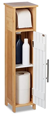 Relaxdays Toilettenpapierhalter stehend, Badezimmeregal HBT: 71x18x20 cm, MDF & Bambus, WC Papier Schrank, braun/weiß