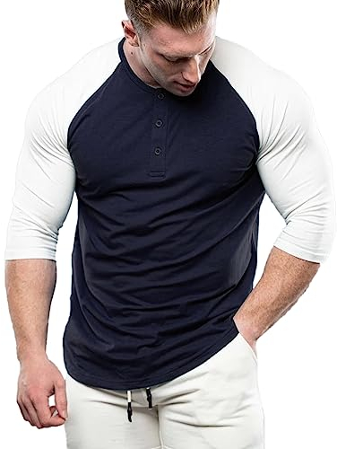 Herren Konisch Henley 3/4 Ärmel T-Shirts Lässig Raglan T-Stück Slim-Fit Muskeloberteile Dunkelblau/Weiß XL