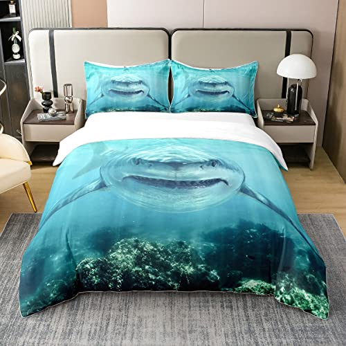 Hai 100% Gewaschene Baumwolle Bettbezug 135x200,3D Hai Tröster Bezug,Ozean Wave Bettwäsche Set für Kinder Jungen Sea Animals Bettbezug Ozean Seewelle Bettbezug Blau Weiß Bettbezug