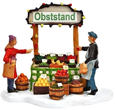 Obststand Verkaufsstand mit Figuren - Lichthaus Winterwelt - Miniaturfiguren Miniatur-Modell für ihre Miniaturwelt - detailreiche Winterwelt Weihnachtsdorf Weihnachtsdekoration Sammlerobjekt