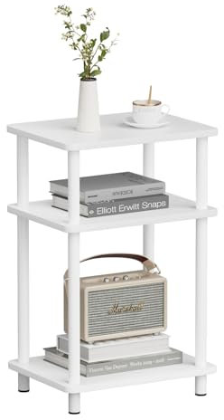 APICIZON 3-Tier Side Table, Narrow End Table with Storage Shelf, Bedside Table Nightstand for Small Spaces, Bedroom, Living Room, Entryway, Farmhouse, No-Tool Assembly, White