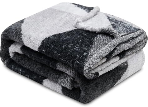 VELVETIO Teddy Fleece Geometric Throw 130 x 180cm, Cuddly & Fluffy Lightweight Sofa Bed Blanket, Extra Large Thermal Warm Triangle Shapes Throws, Charcoal/Grey