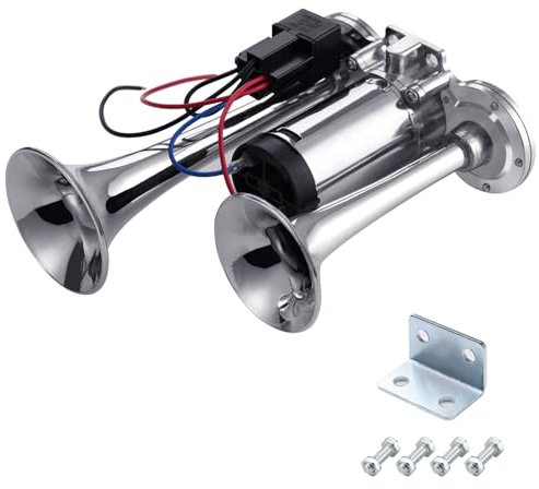 Rupse Air Horn 12V, Electric Car Horn, 150DB Super Loud Train Horn Double Tube Zinc Airhorn with Compressor for All 12 V Vehicles Motorcycle Truck Cars Boats