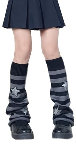 LERTREEUK Gestrickte Beinwärmer Gyaru Gothic Punk Kniestrümpfe Retro-Sterne-Muster Y2K Stiefel Stulpenwärmer für Frauen (Streifen Schwarz Grau)