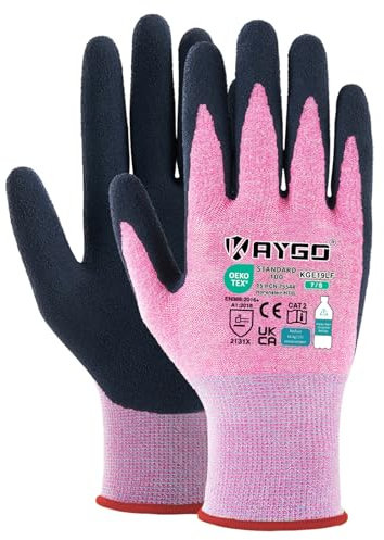 KAYGO 12 Paar Arbeitshandschuhe für Damen Atmungsaktiv Latex Beschichtete Frauen Gartenhandschuhe aus recyceltem Polyester, umweltfreundliche Schutzhandschuhe für Haus- Gartenarbeit (Rosa, S, Gr 7)