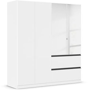 Rauch Möbel Costa, Drehtürenschrank, Kleiderschrank, 4-türig, 2 Spiegeltüren, 2 Schubkästen, Alpinweiß, Push-to-Open, Griffprofil grau-metallic, 181x197x54 cm