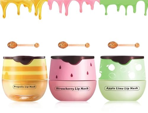 TITIMORE 3Pcs Bee Balm Lip Balm Honey Pot,Apple & Strawberry Lip Mask,Propolis Moisturizing Lip Sleeping Mask Reduces Lip Lines,Hydrating Prevention Dry and Cracked Lip Scrubs Exfoliator Honeybalm