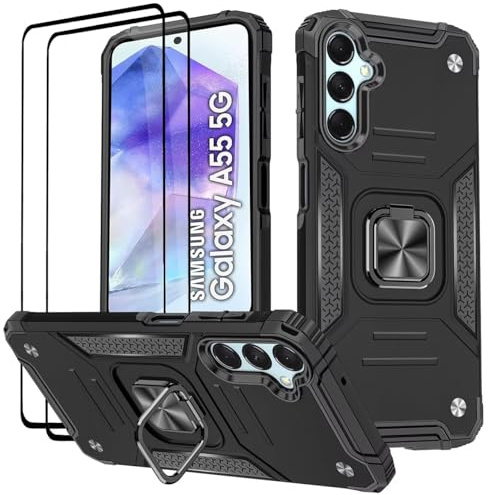KANSi Case for Samsung Galaxy A55 5G, Tempered Glass [2 Pack] Protective Silicone TPU Shockproof Tough Armor Hard Cover - Black