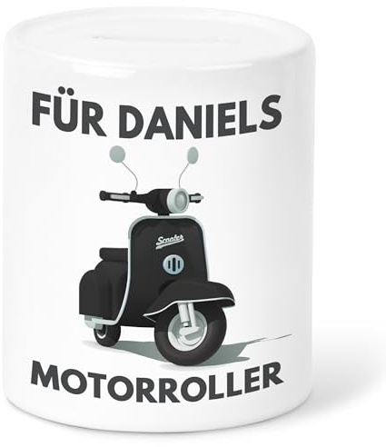 Motorroller Spardose Roller personalisiert Geldgeschenk Verpackung für Mädchen & Jungen Sparkasse Geschenk Sparbüchse Sparschwein aus Keramik (Schwarz)