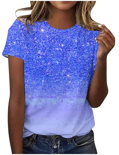 tsaChick Bluse Damen Kurzarm Sale Angebote WeißE Bluse Damen Pailletten Gradient Sommer Casual Übergroße Passform Unterhemd Rundhals Kurzarm Sexy Oberteil Damen Langarmshirts für Damen DXA29
