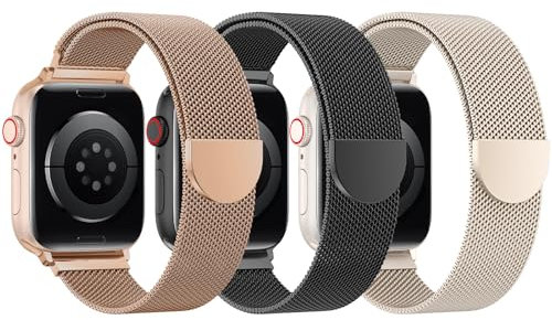 BELONGME Confezione da 3 cinturini in rete compatibili con Apple Watch, da donna e da uomo, 38 mm, 40 mm, 41 mm, 42 mm, 44 mm, 45 mm, 49 mm, serie Ultra SE 9 8 7 6 5 4 3 2 1, cinturino in metallo in