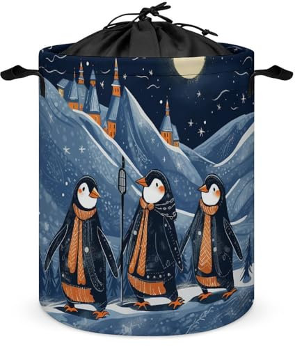 Wäschekorb, wasserdicht, schmutzige Kleidung, drei Pinguine, zusammenklappbar, mit Griffen, freistehender Wäschekorb für Badezimmer, Schlafzimmer, Wohnheim, Reisen