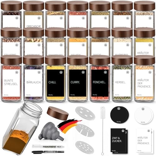 Miorkly Gewürzgläser Eckig Set 24er,Gewürzstreuer Glas mit Holzdeckel 120ml,Küchenzubehör zur Gewürze Aufbewahrung,Gewürzdosen,Gewürzbehälter mit Gewürzetiketten,Trichter-Spice Jars