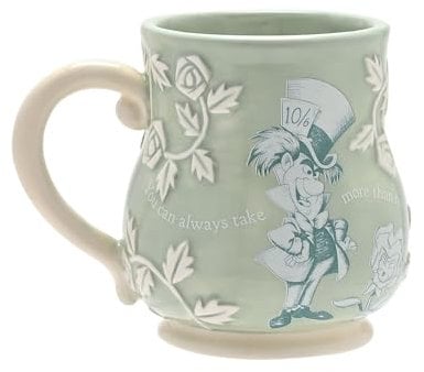 Disney - Alice in Wonderland - Ceramic Green Embossed Mug - Mad Hatter - 'You Can Always Take More Than Nothing' Decor & Homeware for Kitchen, Garden Party Serving & Dining H: 10cm x W: 12cm x D: 9cm.