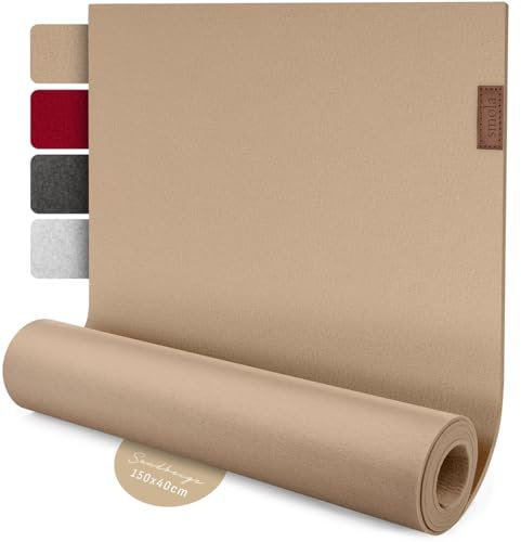 smøla Design Tischläufer Beige aus Filz I 150x40 cm Tischband I Skandinavischer Filzläufer Abwaschbar mit Leder Label I Tischdeko Tischläufer modern Sandbeige