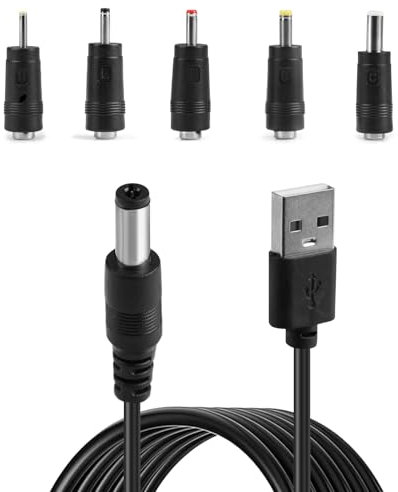 USB to DC Cable, 1M 5V 2.0 A Universal USB Power Cable Male to DC 5.5 x 2.1mm Barrel Jack Plug Charger Power Cord Adapter with 2.5x0.7mm 3.5x1.35mm 4.0x1.7mm 5.5x2.5mm 3.0x1.0mm 5 Connectors Tips