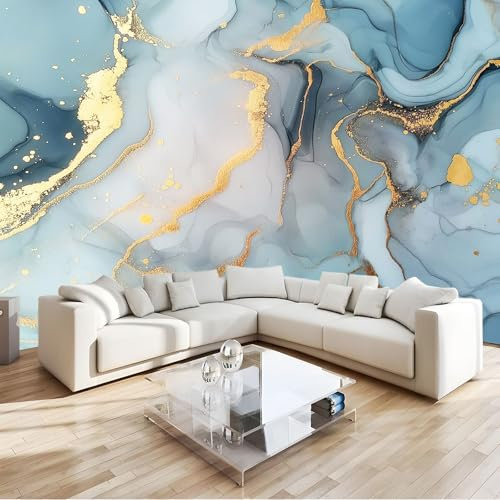 Papier Peint Marbre Liquide Bleu Clair 200x140 cm 3D Panoramique Murale Salon Papier Peint intissé pour Chambre Salon Personnalisé Décoration Murale