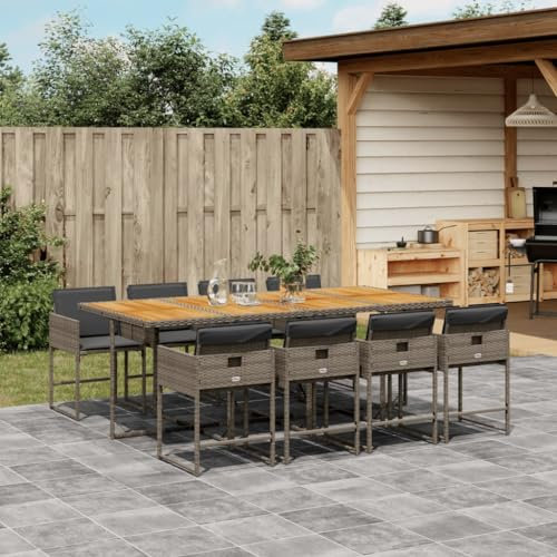Tidyard 9-TLG.Garten-Essgruppe mit Kissen Gartenmöbel Set 8 Personen Sitzgruppe Balkonmöbel Sitzgarnitur Garten Lounge Sitzgarnitur Terrassenmöbel Set Esstisch mit Stühle Grau Poly Rattan