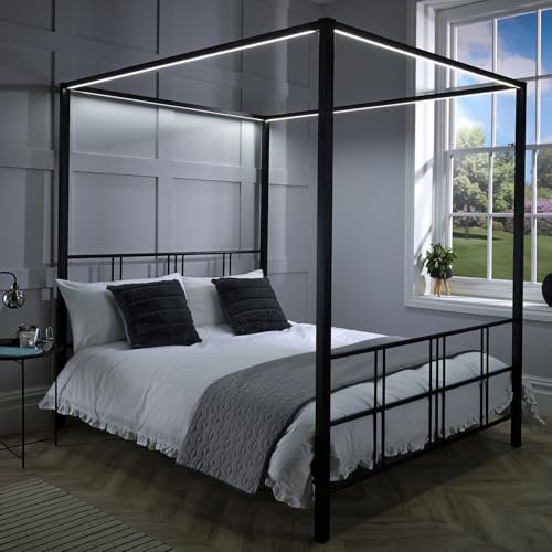 X-Rocker FERN Four Poster Bed with LED Lighting, Double 4ft6 Bedstead, Metal Canopy Bed Frame, Sturdy 4 Poster Bed Frame with Headboard and Dimmable LED Lighting, 3 Light Settings XR LIVING - BLACK