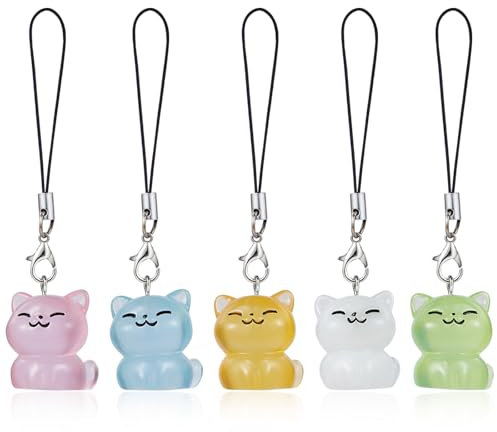 BEEFLYING 5 STK. Handy Anhänger Ästhetik Y2K Niedliche Leuchtende Harz Katzen Anhänger Bänder Handy Anhänger Zubehör für Tasche Schlüsselanhänger Kamera Geldbörse