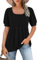 WNEEDU Ladies Tops Square Neck T Shirts for Women UK Summer Puff Short Sleeve Blouses Pleated Tunic Tshirts Flowy Elegant Casual Tee Black M