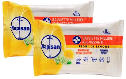 Salviette Milleusi Igienizzanti, Formato Pocket. Rimuovono Germi e Batteri, Non Rilasciano Odore Eccessivo, Efficaci Sulle Superfici. Profumo FIORI DI LIMONE. Confezione Da 15 Salviette (2 Confezioni)