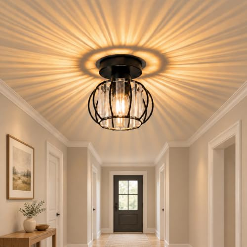 ZMH Deckenleuchte Schwarz Deckenlampe Kristall: Modern Flurlampe E27 Küchenlampe mit Metall Rahmen Vintage Innen Deckenbeleuchtung für Flur Korridor Küche Balkon Wohnzimmer Hotel (Ohne Leuchtmittel)
