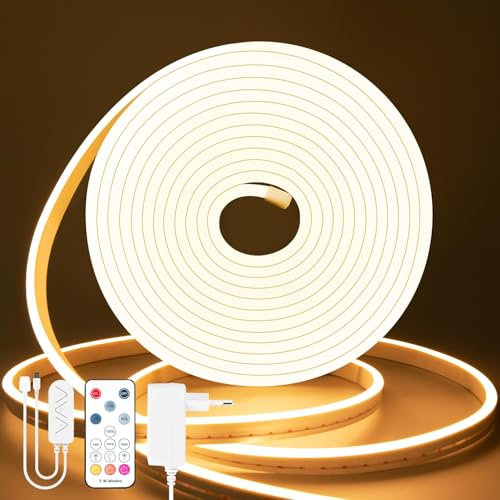 Lamomo LED Strip 5M Warmweiss, 12V Dimmbar Neon LED Streifen, 3000K Wasserdicht Led Leiste, Silikon DIY Flexibel Lichtleiste mit Netzteil und IR Fernbedienung für Innen Aussenbereich Heim Küche Deko