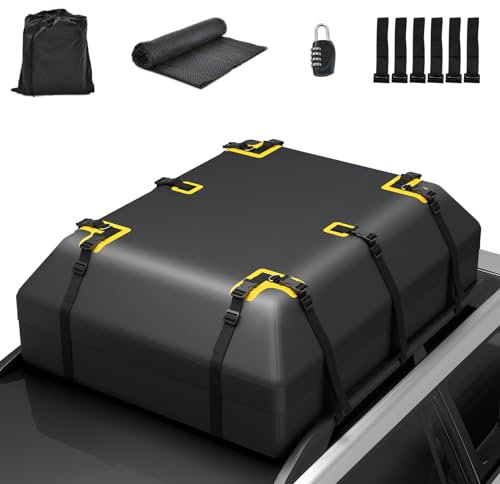 GYMAX Coffre de Toit Voiture Étanche 425/600 L, Sac de Toit Pliable pour Toute Voiture avec/sans Porte-Bagages, avec Tapis Antidérapant, 8/10 Sangles Renforcées, 6 Crochets de Porte (600L)