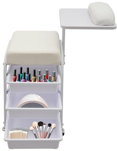 TFIANYNI Mobiler Nageltisch Mit Rollen, 360°Drehbare Handstütze, 38x30x50cm Kosmetikwagen Rollwagen Mit Schubladen, Weiche Handauflage Und Sitzkissen (Weiß)