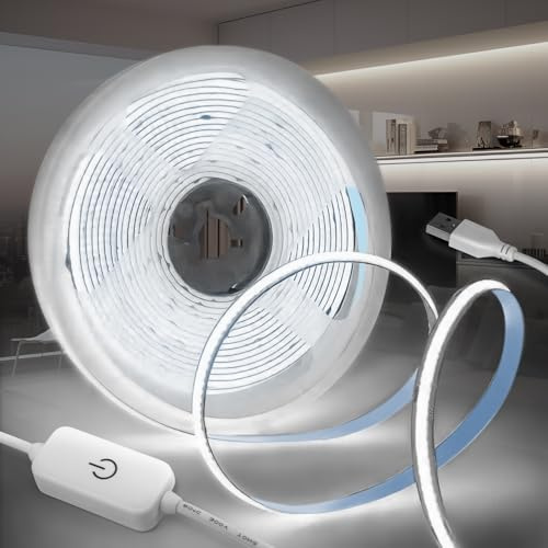 KSIBNW 5V USB COB LED Strip Lights 5M, Dimmable Led Light Strip Cool White 6000K Tape Lights CRI90+ Flexible 5M/16.4ft TV Backlight with 1M USB Powered for Bedroom Cabinet Kitchen Decoration