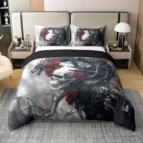 Rote Rose Drache 100% Baumwolle Bettbezug 155x220 für Mädchen Jungen Boho Mandala Floral Bettwäsche Set Gothic Skull Tröster Abdeckung Westliche Wildtiere Weiche Atmungsaktive 3D-Druck Bett Set