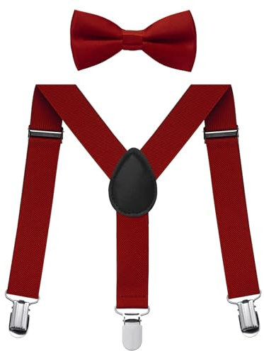 FACATH Jungen Hosenträger Fliegen Set, Kinder-Hosenträger mit elastischer Y-Form, verstellbar mit Clips und Fliege für Jungen und Mädchen (Weinrot)