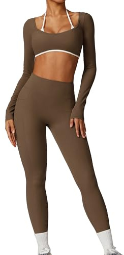 IDOPIP Sport-Set Damen Langarm Rückenfrei: Zweiteiler Gym Set Top mit integrierten Cups und hohe Taile Leggings mit Taschen - Sportkleidung für Fitness Yoga Pilates Workout