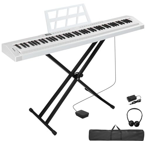 LEADZM Piano Numérique Semi-Marteau 88 Touches, Clavier Électronique avec Support en Forme de X à Double Tube, Bluetooth MIDI, Pupitre de Partition, Pédale de Sustain, Écouteurs (Weiß)