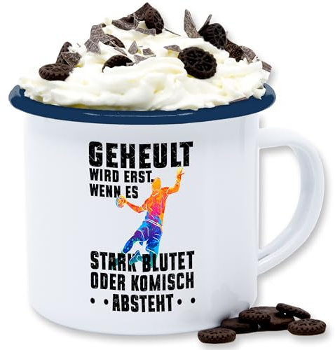 Emaille Tasse Blechtasse - Tassen - Geheult wird erst wenn es stark blutet Handball Spruch Geschenk Handball Geschenkideen für Handballer Geschenke I Weihnachtsgeschenke für Handballer - 300 ml