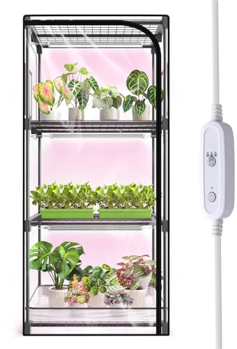 SpeePlant Invernadero interior con luz de crecimiento, soporte para plantas de 4 niveles con tienda de PVC con cremallera, ventana de ventilación, bolsa inferior, luz de planta de espectro completo de