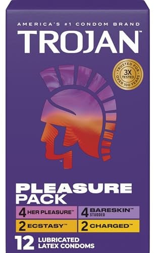 Trojan Pleasure Pack, Assorted Latex Lubricated Condoms for Men, Her Pleasure, Bareskin Studded, Ecstasy & Charged Varieties, 12 Count