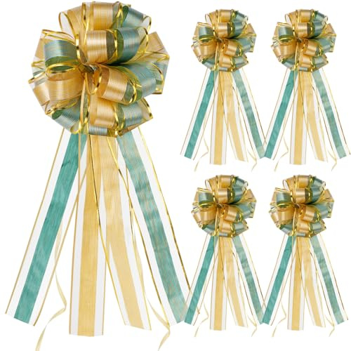 drado 5 Stück Große GeschenkSchleifen, Ziehschleife Geschenk Schleife Set, Geschenkbänder ø 20cm, Dekoschleifen für Auto Dekor, Hochzeit, Weihnachten, Taufe & Geschenkverpackung(Grün-Gold)