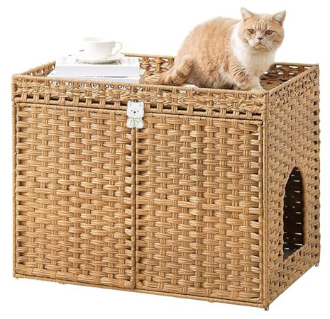 Cat Litter Box Enclosure, Handwoven Rattan Hidden Litter Box Furniture with Mat, Large Space Cat House with Double Doors 77 x 46.5 x 62cm, Indoor for Living Room Bedroom Balcony (Nature, Big)