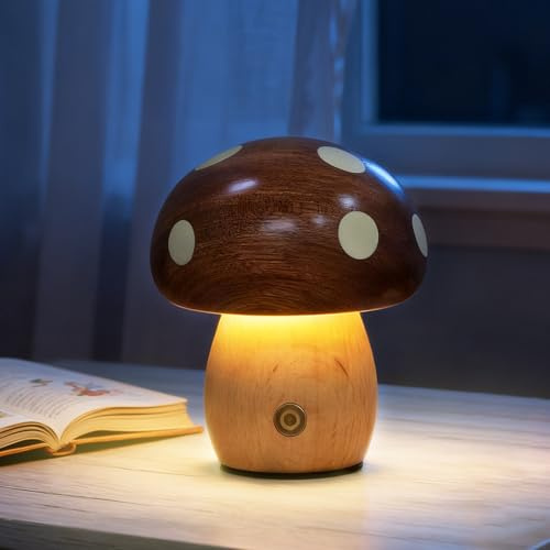Mushroom Table Lamp, 9cm Adjustable Brightness Mushroom Night Light | Wooden Small Bedside Lamp, Nightstand Decor, Bedroom Home Decor, USB Rechargeable, Dimmable Night Light, Unique Gift
