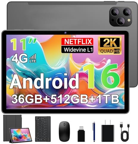 FASTWD Tablet 11 Pollici Android 16 Tablet con 4G LTE e 5G WiFi,36GB+512GB/2TB,13MP+8MP,8000mAh,OctaCore,Widevine L1/BT5.0/Face ID/OTG/GPS,tablets con Tastiera,Mouse,Grigio