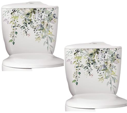 2Pcs Green Plant Leaves Flowers Toilet Seat Lid Stickers Self-Adhesive Bathroom Wall Stickers Green Leaf Floral Toilet Lid Decals DIY Removable Waterproof Toilet Sticker for Bathroom Cistern Decor